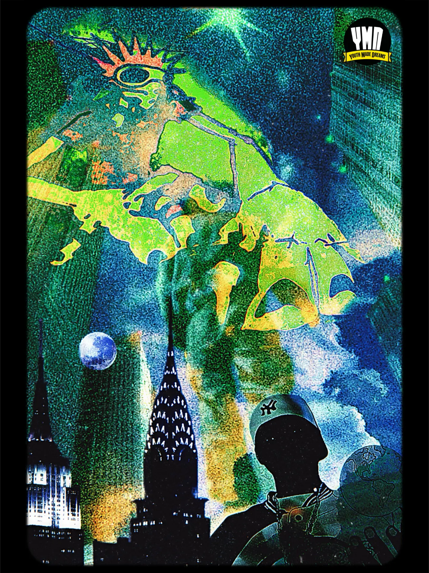 Green and blue grain collage of Lady Liberty over a New York skyline