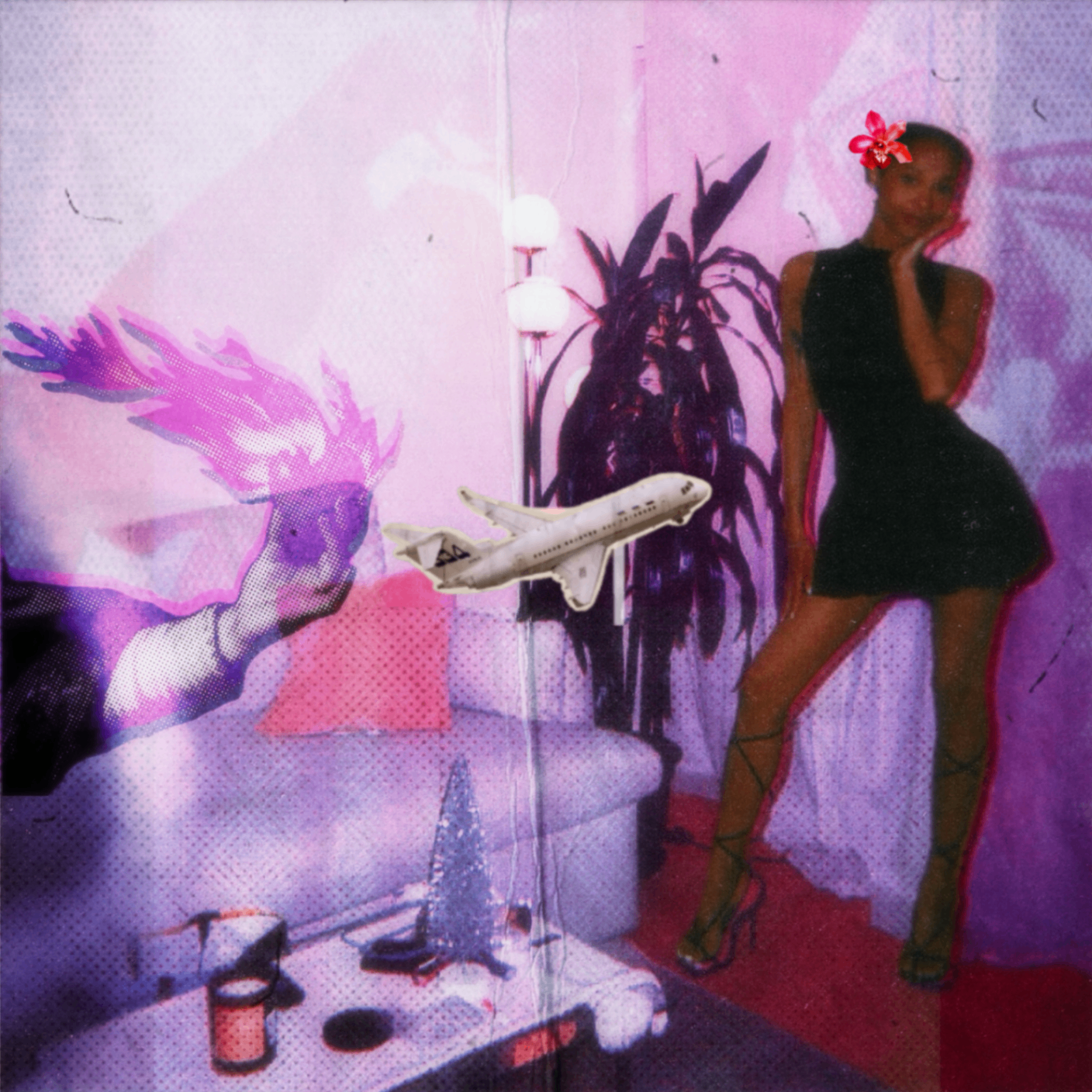 Pink polaroid collage with figure, plane, and orchid