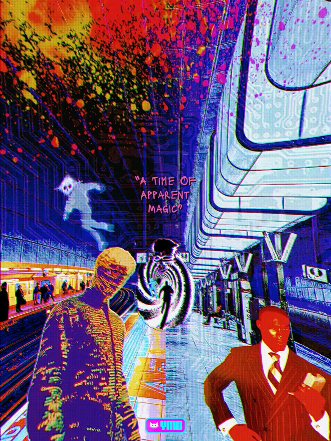 Chromatic glitch collage of a subway platform with masked figures