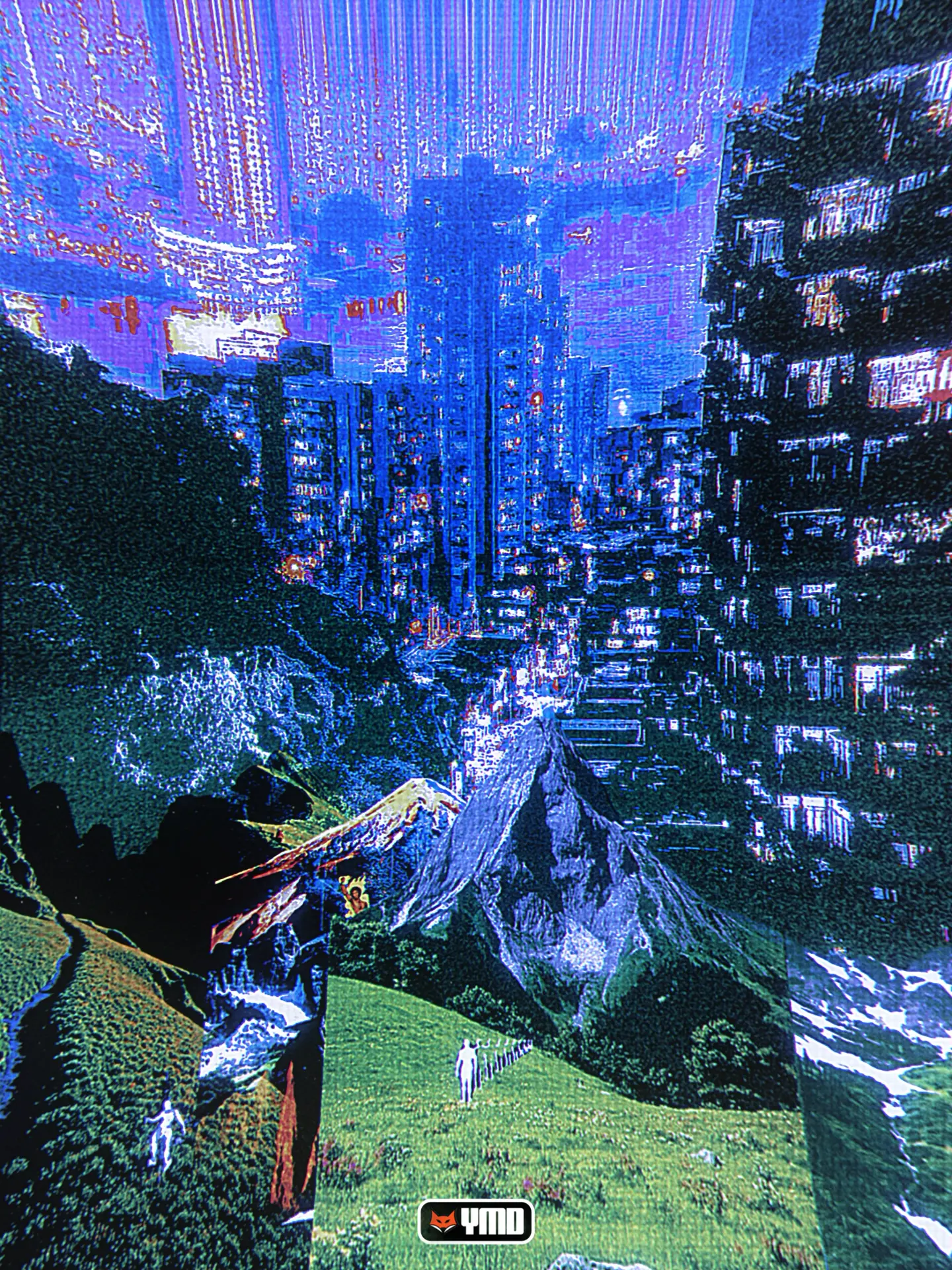 Datamoshed collage of a city skyline dissolving into a mountain path