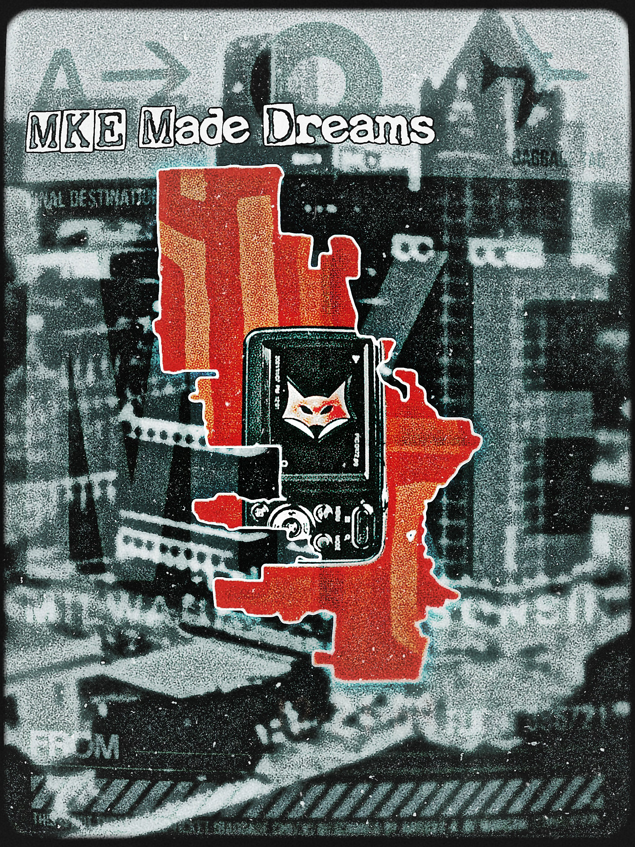 High grain black and white collage with a red Wisconsin shape and the YMD fox on an iPod screen