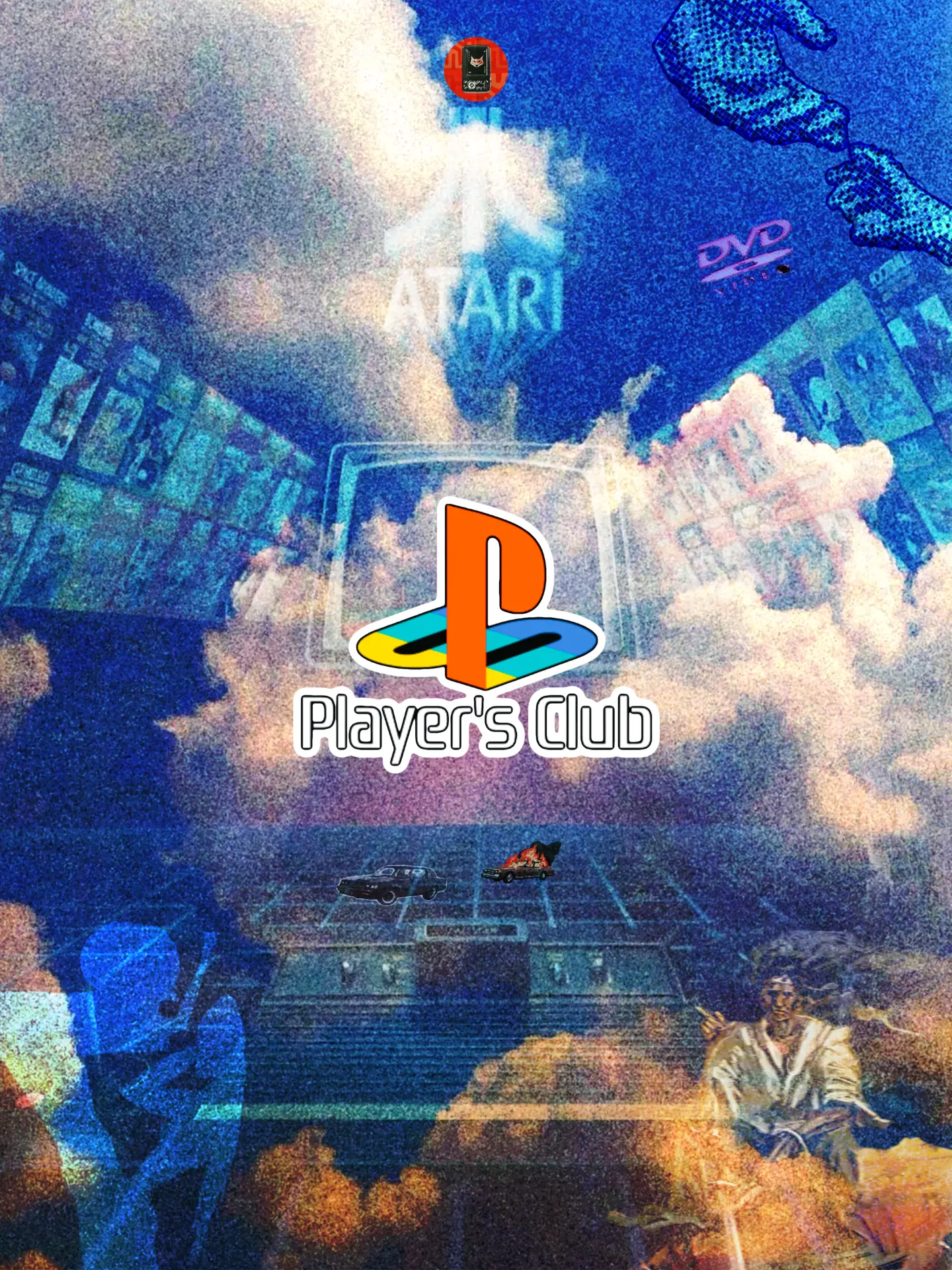 Cloudscape collage with Player's Club logo and retro console references