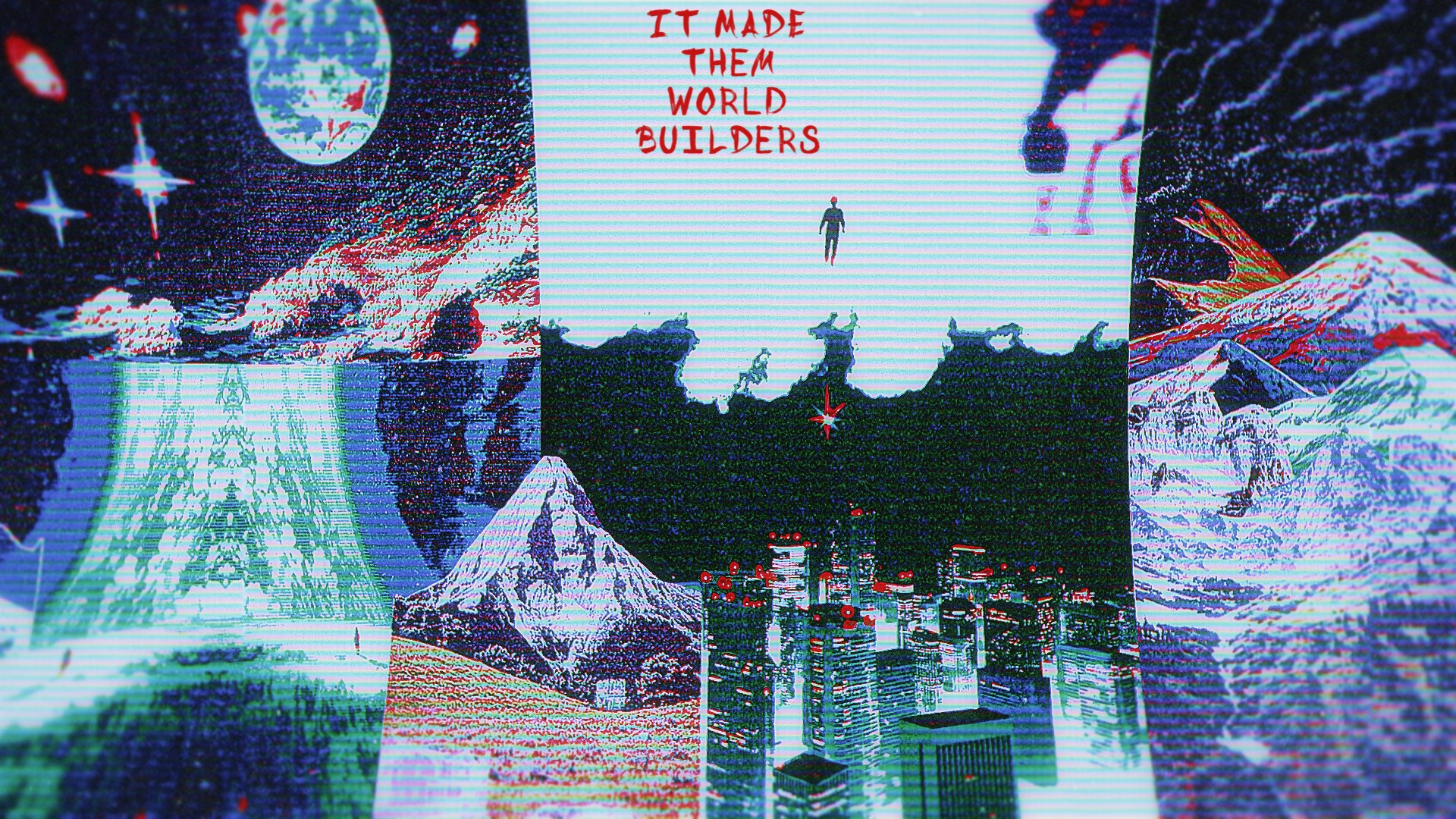Scanline glitch collage of mountains, a night skyline and a floating figure