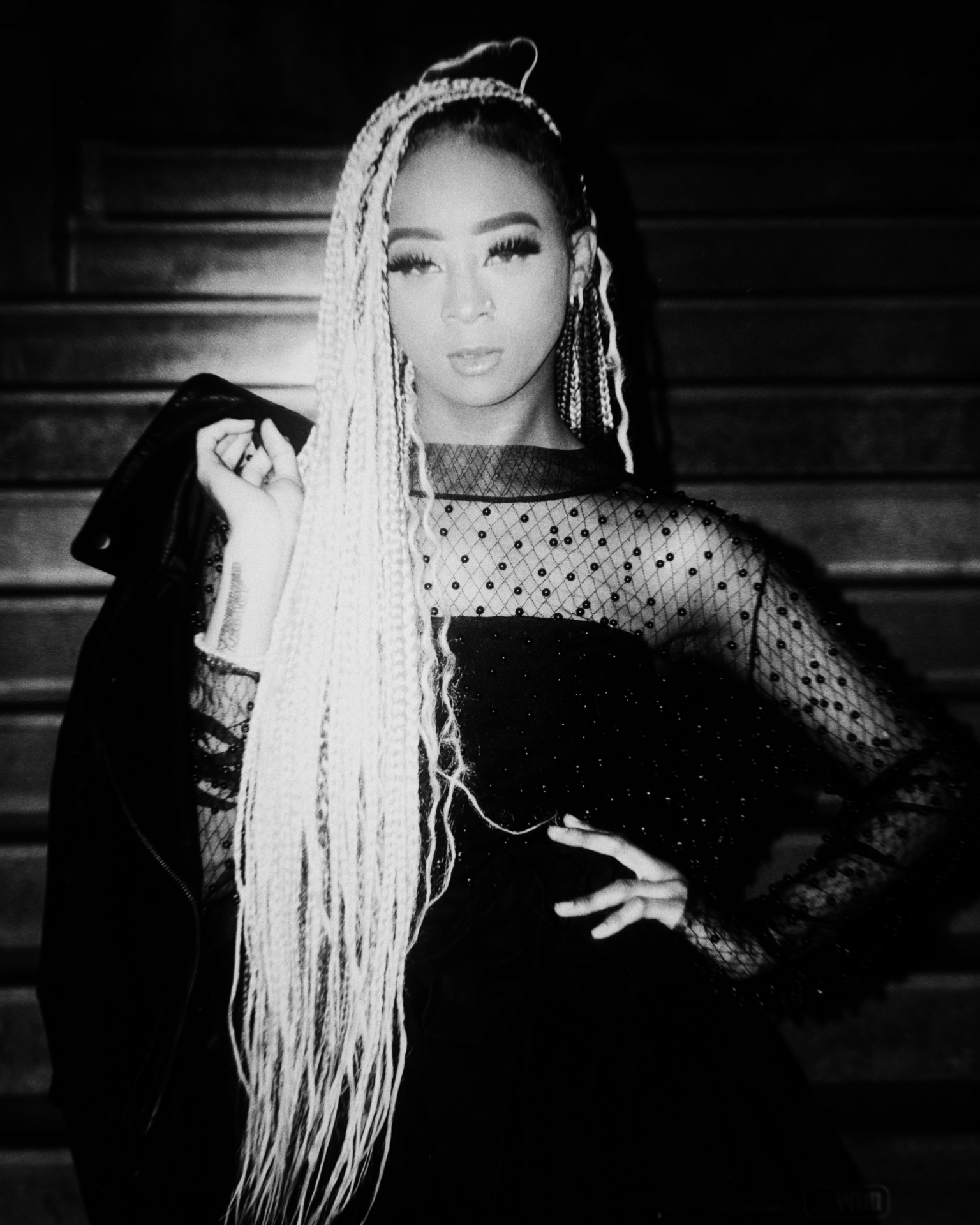 Portrait with long braids and mesh dress