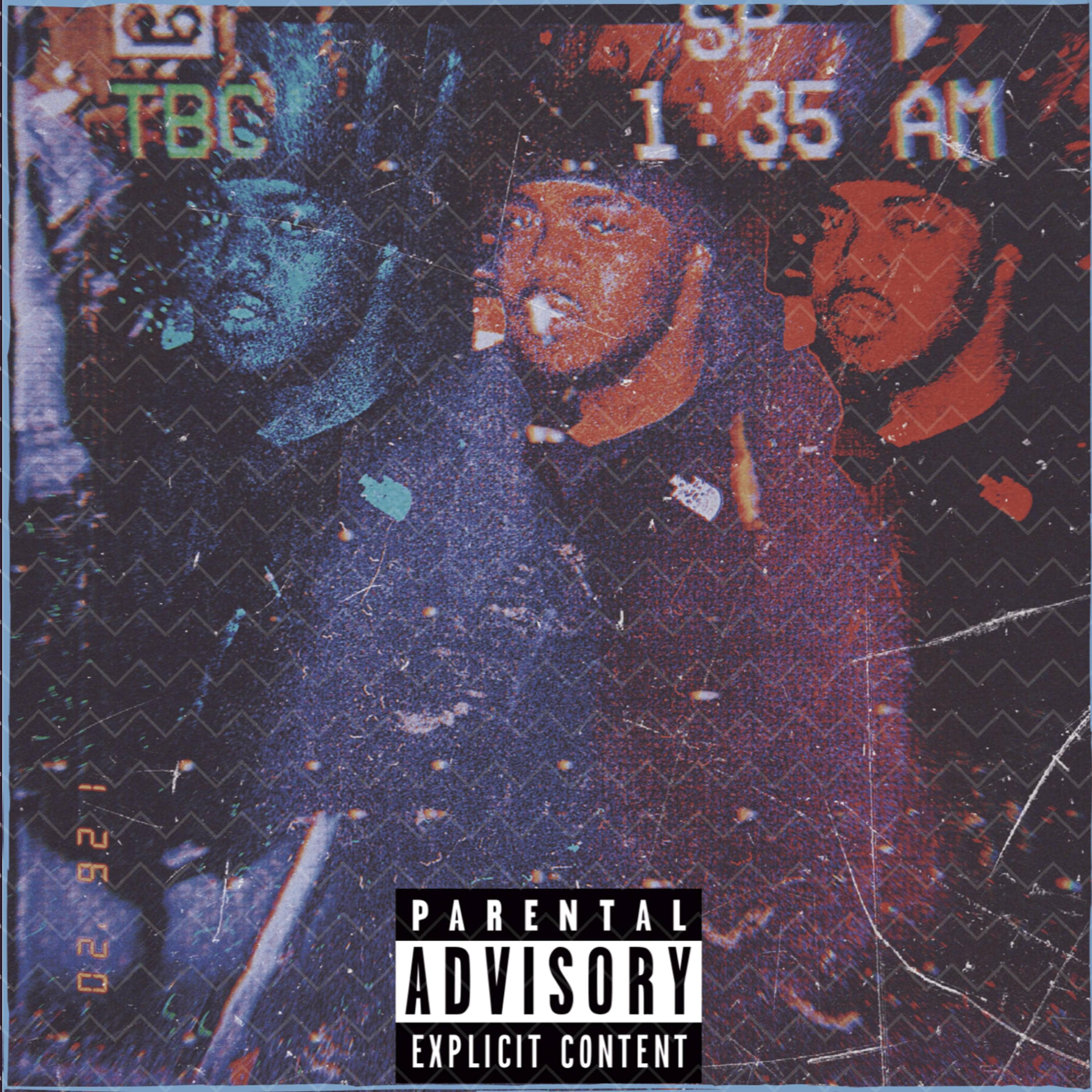 TBC 1:35 AM cover art — halftone triptych portrait with parental advisory