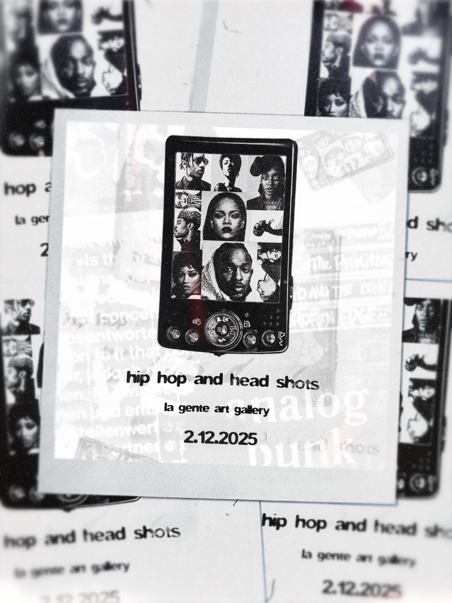 Hip Hop and Head Shots gallery flyer with digital camera and portrait grid