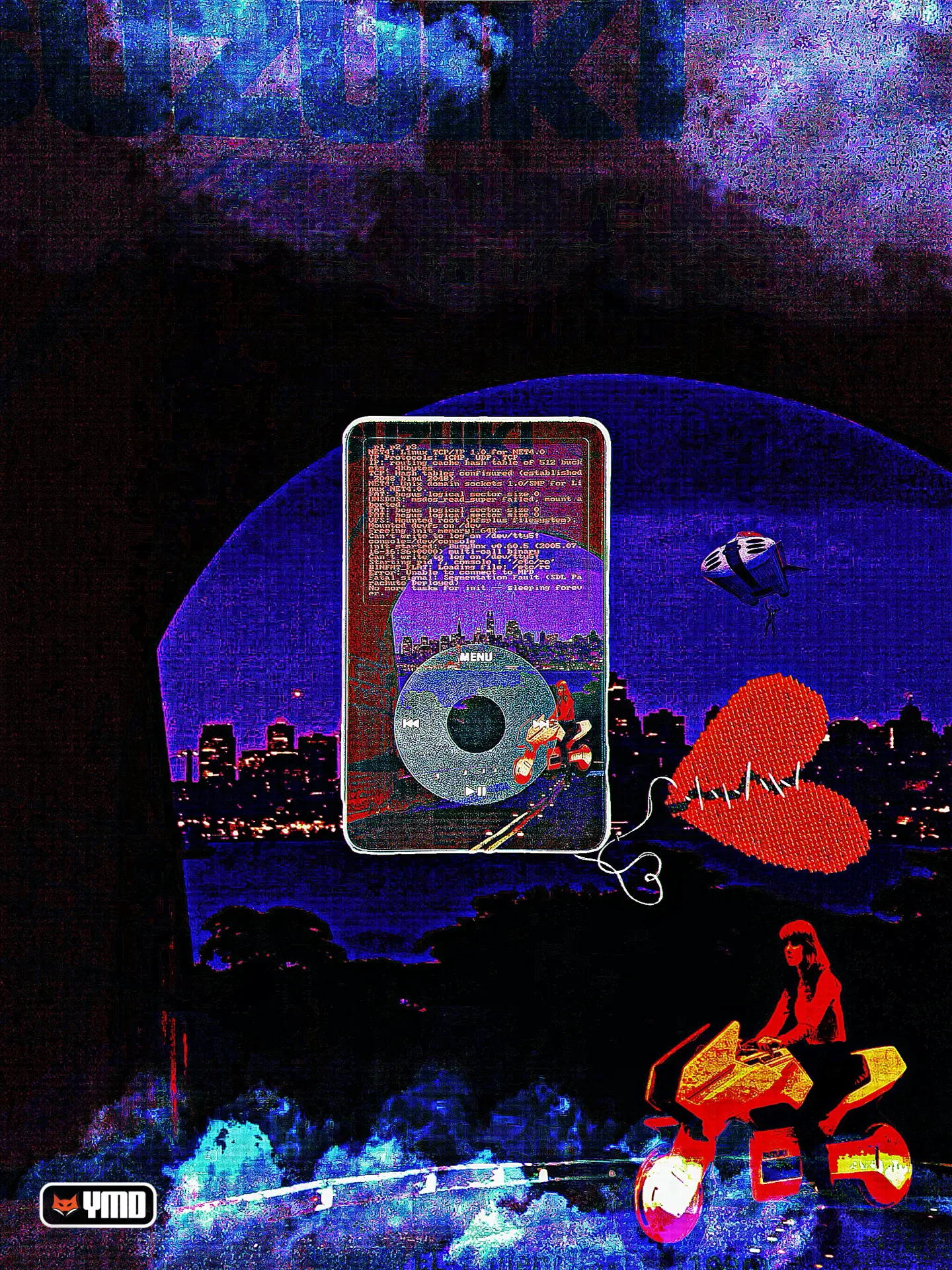 Night skyline collage with an iPod terminal screen and red heart